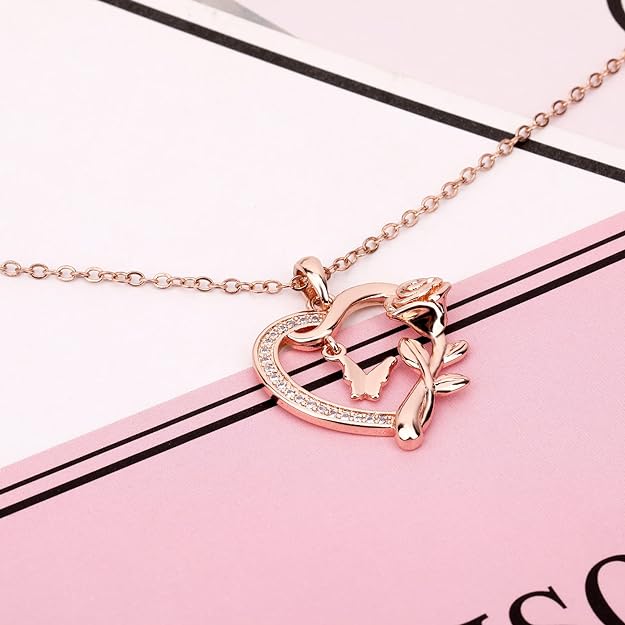 Heart Necklace for Women Sterling Silver/14k Gold Plated/Rose Gold CZ Romantic Rose and Butterfly Jewelry for women Birthday Valentine's Day Gift for Girls