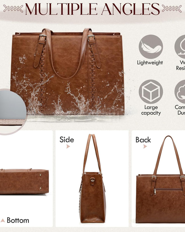 RAINSMORE Laptop Bag for Women 15.6 inch Leather Waterproof Computer Work Bags Large Laptop Tote Bag Professional Business Office Briefcase Women Lightweight Shoulder Handbags, Brown