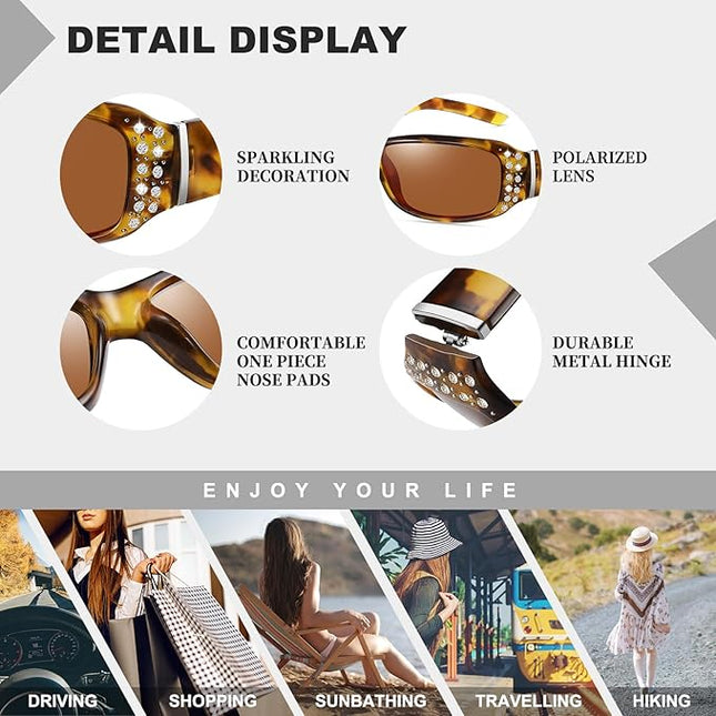 HAOLOTA Women's Polarized Rhinestone Sunglasses - Elegant Rectangle Frame with Bling UV400 Protection