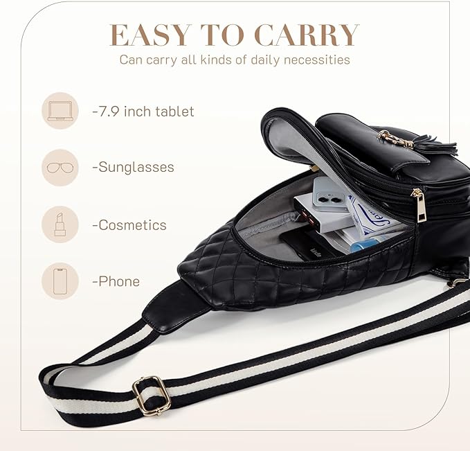 Missnine Sling Bag for Women Quilted PU Leather Fanny Pack Crossbody Bags Trendy Chest Bag Hiking Cycling Travel with Tassel