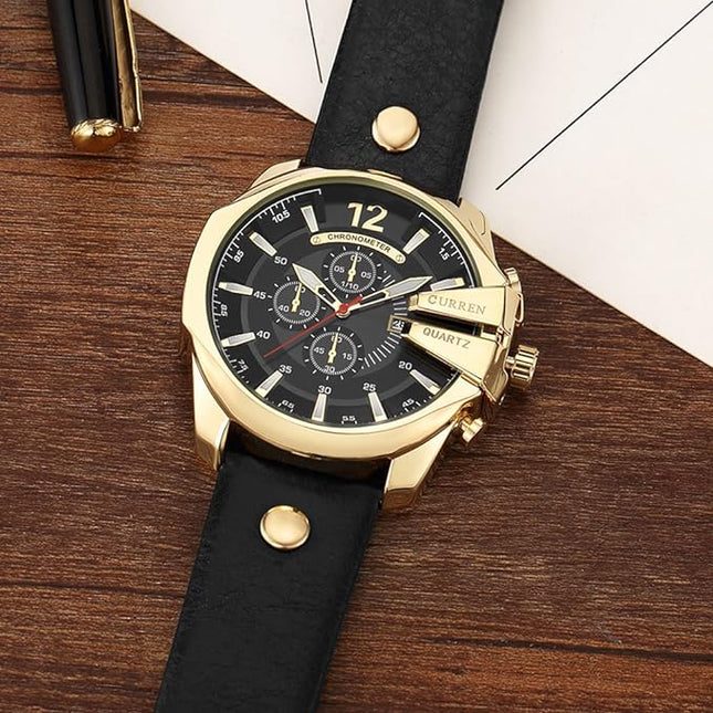 CURREN Men Watches Luxury Gold Male Fashion Leather Strap Outdoor Casual Sport Wristwatch with Big Dial