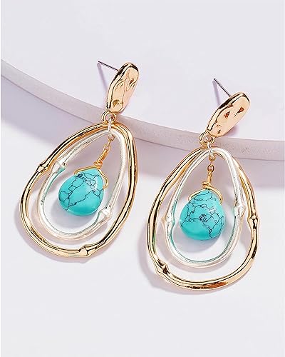 Turquoise Gold Hoop Earrings for Women,Turquoise Large Oval Drop Dangle Western Stylish Silver Earrings Jewelry