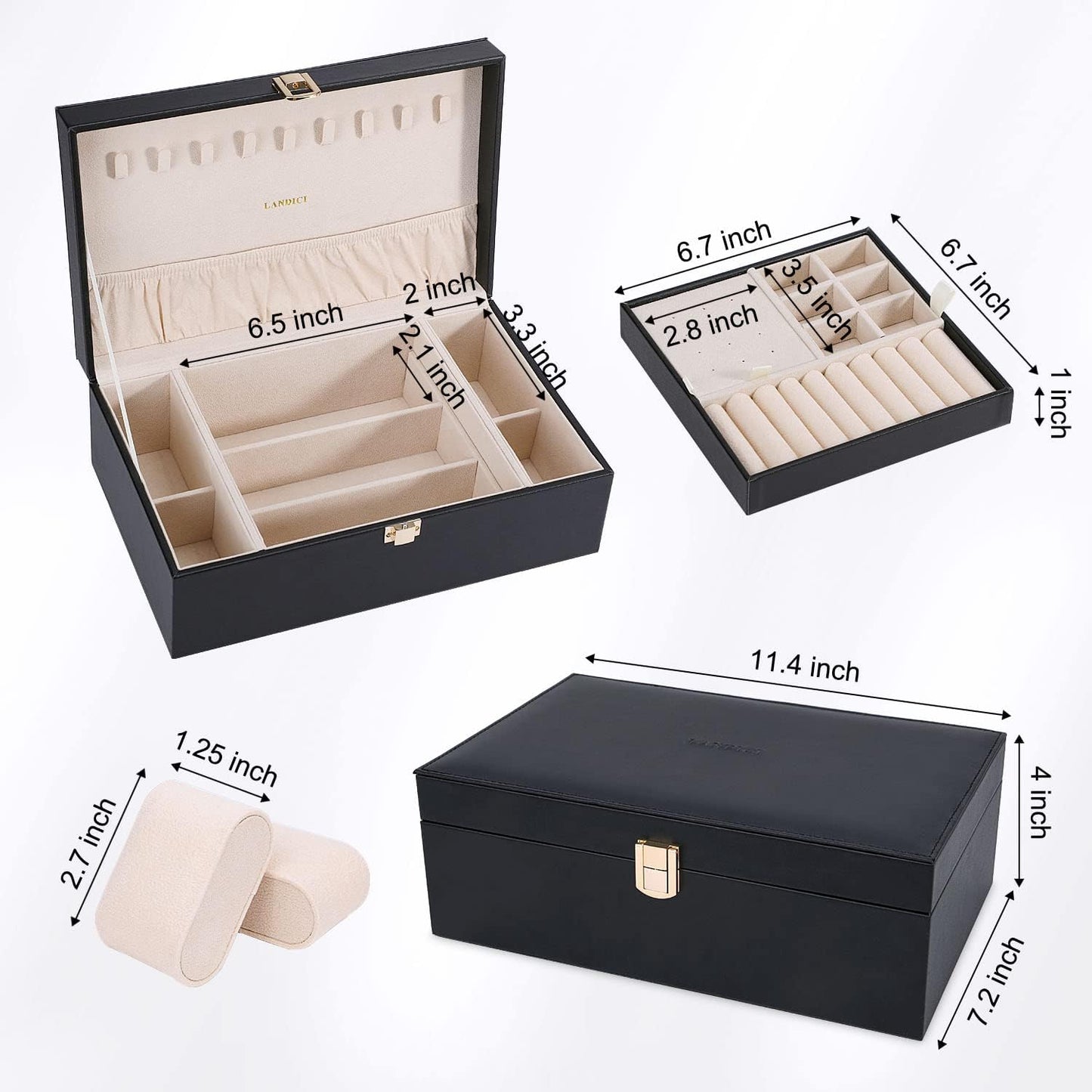 LANDICI Jewelry Box Organizer for Women, Large 2 Layer Men Watch Case with Removable Tray