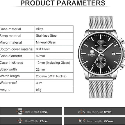 GOLDEN HOUR Mens Watch Fashion Sleek Minimalist Quartz Analog Mesh Stainless Steel Waterproof Chronograph Watches for Men with Auto Date