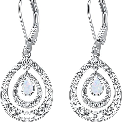 Opal Earrings 925 Sterling Silver Filigree Leverback Dangle Drop Bohemian Opal Jewelry Gifts for Women Girls