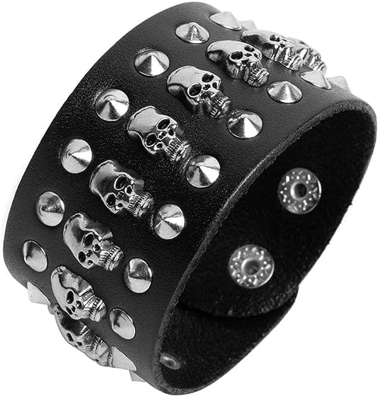 Black metal rivets studs punk rock biker wide belt leather bracelet guard wrist strap skull