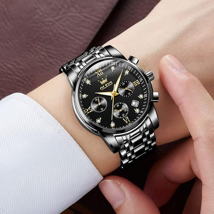 OLEVS Mens Watches Luxury Business Stainless Steel Chronograph Moon Phase Waterproof Date Analog Quartz Dress Watches for Men's ,Black/Dial