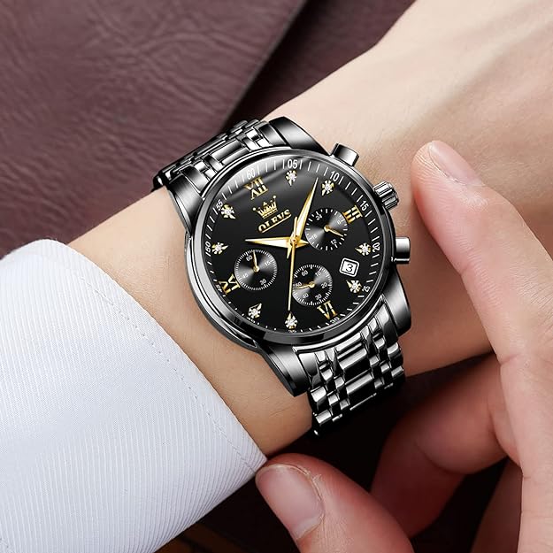 OLEVS Mens Watches Luxury Business Stainless Steel Chronograph Moon Phase Waterproof Date Analog Quartz Dress Watches for Men's ,Black/Dial