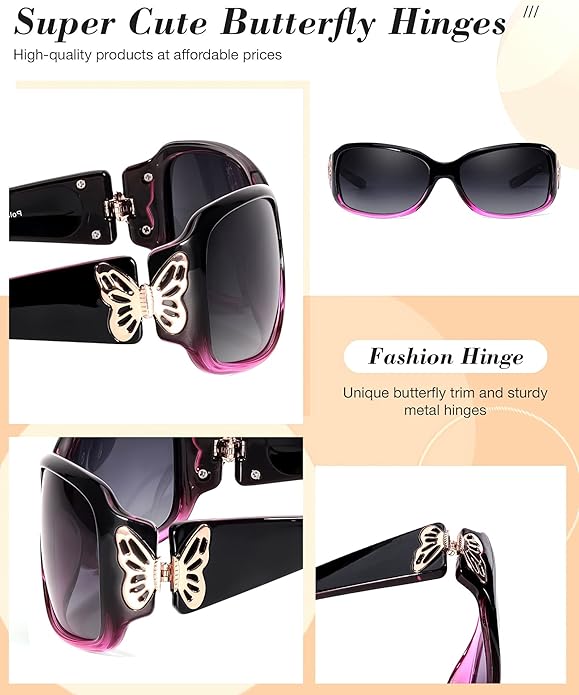 Polarized Sunglasses for Women, Ladies Trendy Butterfly Decoration Driving Fishing Shades UV Protection IF022