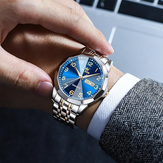 Men's Casual Stainless Steel Watch, Big Face Easy to Read Analog Quartz Watch with Day and Date, Classic Waterproof Diamond Roman Arabic Numerals Dial Dress Watch for Men