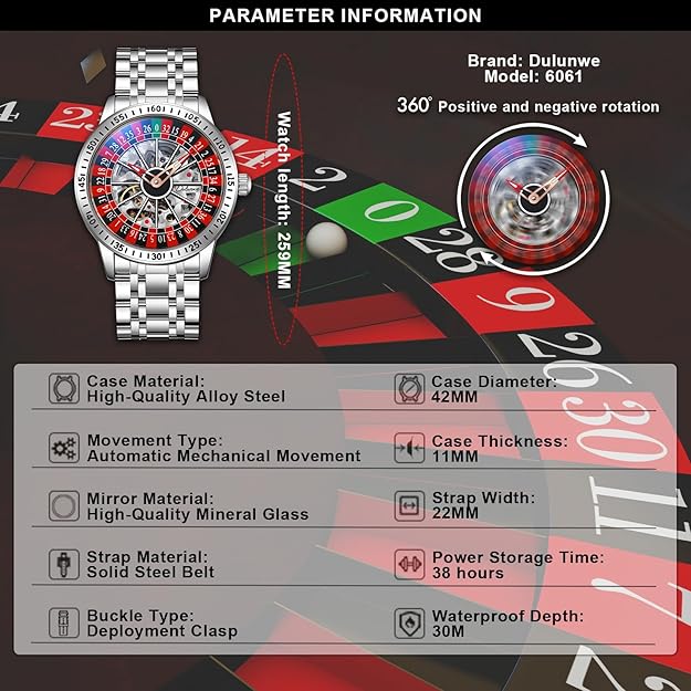 Men's Watch Automatic Hollow Mechanical Roulette Wheel Design 30M Waterproof Casual Fashion Wristwatches for Men