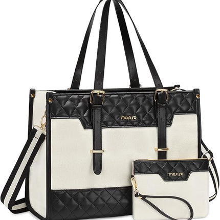 MOSISO Laptop Bag for Women,15-15.6 inch Canvas Laptop Tote Bag,16 inch Large Capacity Rhombus Quilted Work Bag with Clutch Purse,Casual Briefcase Handbag Computer Bag for Business Office Travel,Beige