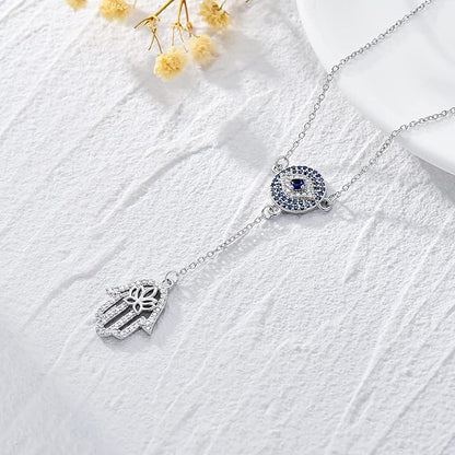 Evil Eye Necklace 925 Sterling Silver Hamsa hand Y Lariat Protection Amulet Evil Eye Jewelry Birthday Gift for Women