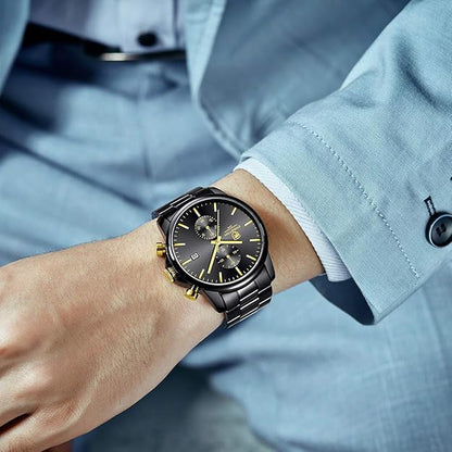 GOLDEN HOUR Fashion Business Mens Watches with Stainless Steel Waterproof Chronograph Quartz Watch for Men, Auto Date