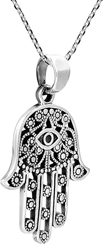 AeraVida Henna Hamsa Hand of Fatima with Evil Eye .925 Sterling Silver Pendant Necklace