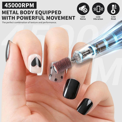 Professional Nail Drill Kit 45000RPM, Portable Electric Nail File with 13 Bits & 56pcs Sanding Bands,LED Screen,Ultra-Silent, Rechargeable Nail Drills Machine for Acrylic Nails Gel Polishing (White)
