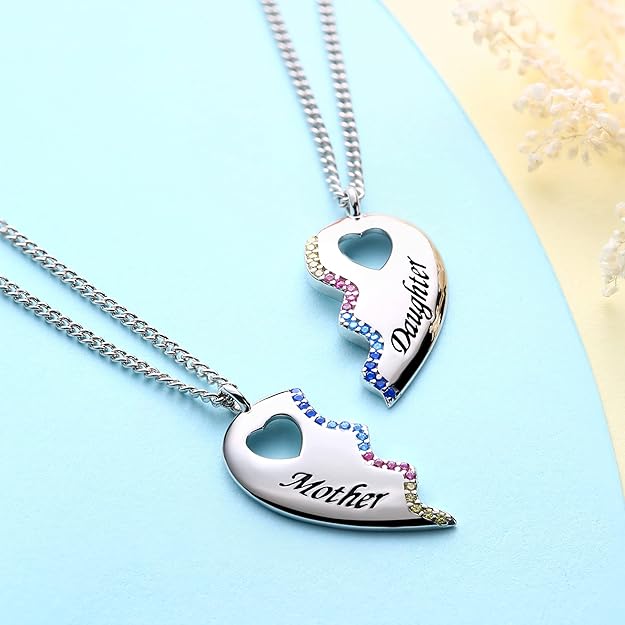 925 Sterling Silver Cz Best Friend Bestie Matching Broken Joined Half Split Love Heart Pendant Necklace for 2 Women Bff Friendship Mom Mommy Mother Daughter Jewelry Valentine Graduation Birthday Gifts