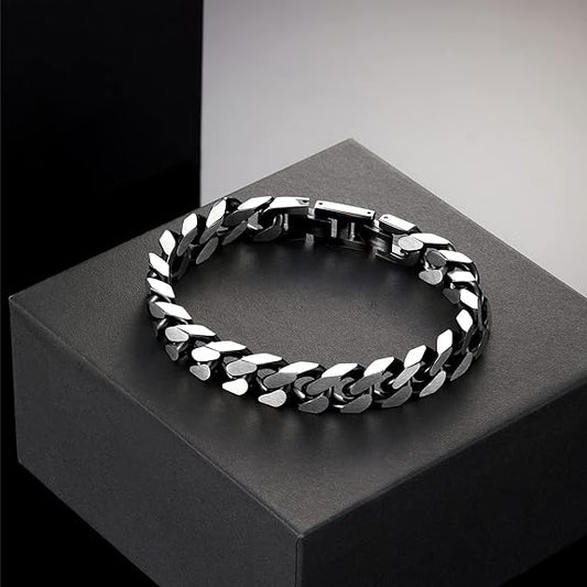 Bracelets for Men-Stainless Steel Fold Over Clasp Cuban Chain Men's Bracelet