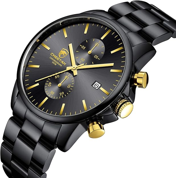 GOLDEN HOUR Fashion Business Mens Watches with Stainless Steel Waterproof Chronograph Quartz Watch for Men, Auto Date
