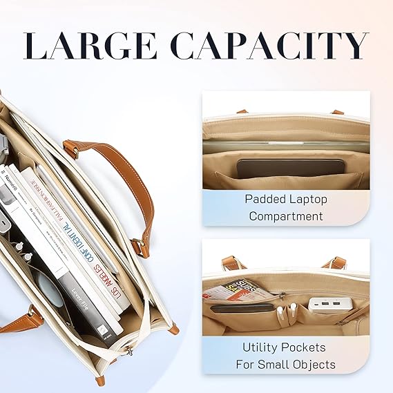 Missnine Tote Bag Canvas Laptop Bag for Women 15.6 inch Casual Work Bags with Clutch Purse Computer Shoulder Bag 2 PCS Set for Travel, Office, College