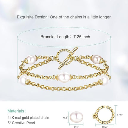 Gold Double Layered Pearl Bracelets for Girls and Women, 14K Real Yellow Gold Plated Hypoallergenic Dainty Charm Chain with Extension Link