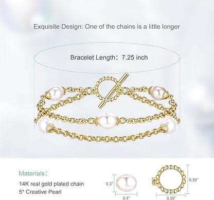 Gold Double Layered Pearl Bracelets for Girls and Women, 14K Real Yellow Gold Plated Hypoallergenic Dainty Charm Chain with Extension Link