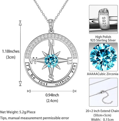 Jewmon 925 Sterling Silver Compass Necklace for Women Graduation Gifts for Her Birthstone Neckalce Charm Compass Birthstone Jewelry Anniversary Birthday Gifts for Daughter Friends Sisters Gifts