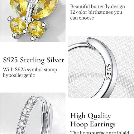 SILVERCUTE 925 Sterling Silver Butterfly Hoop Earrings - 12 Birthstone Butterfly Dangle Earrings, Cute Huggie Hoops Butterfly Jewelry for Women Teen Girls