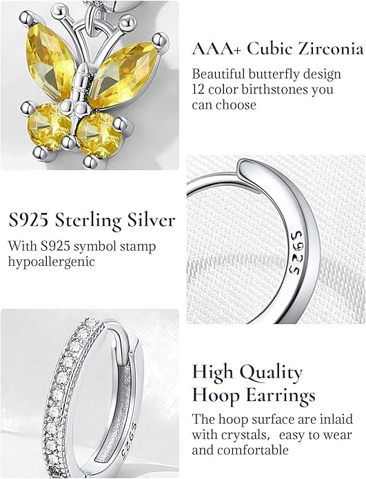 SILVERCUTE 925 Sterling Silver Butterfly Hoop Earrings - 12 Birthstone Butterfly Dangle Earrings, Cute Huggie Hoops Butterfly Jewelry for Women Teen Girls