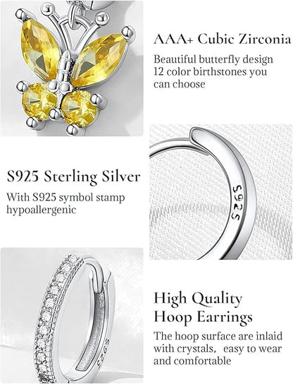 SILVERCUTE 925 Sterling Silver Butterfly Hoop Earrings - 12 Birthstone Butterfly Dangle Earrings, Cute Huggie Hoops Butterfly Jewelry for Women Teen Girls