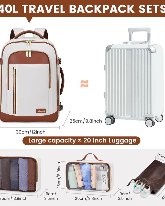 LOVEVOOK Travel Backpack for Women & Men, 40L Carry On Backpack, Personal Item Bag with 3 Packing Cubes, Business Weekender Overnight Luggage Daypack, Fits 17 Inch Laptop, Beige Brown