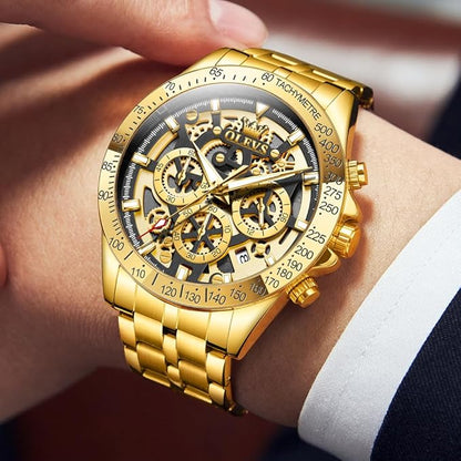 OLEVS Watch for Men Skeleton Business Dress Stainless Steel Waterproof Luminous Mens Wrist Watch