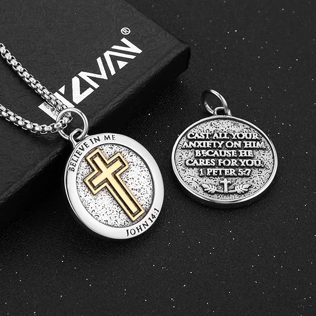HZMAN Bible Verse Necklace for Men Women Stainless Steel Inspirational Verse Cross Round Pendant Jewelry Gift