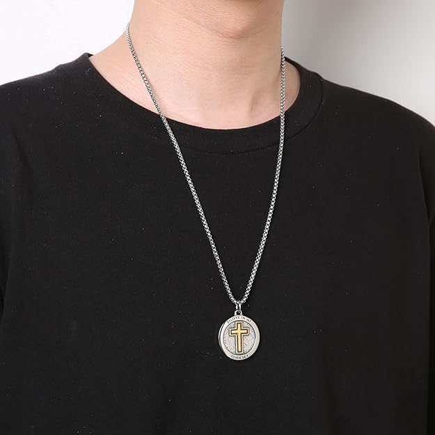 HZMAN Bible Verse Necklace for Men Women Stainless Steel Inspirational Verse Cross Round Pendant Jewelry Gift