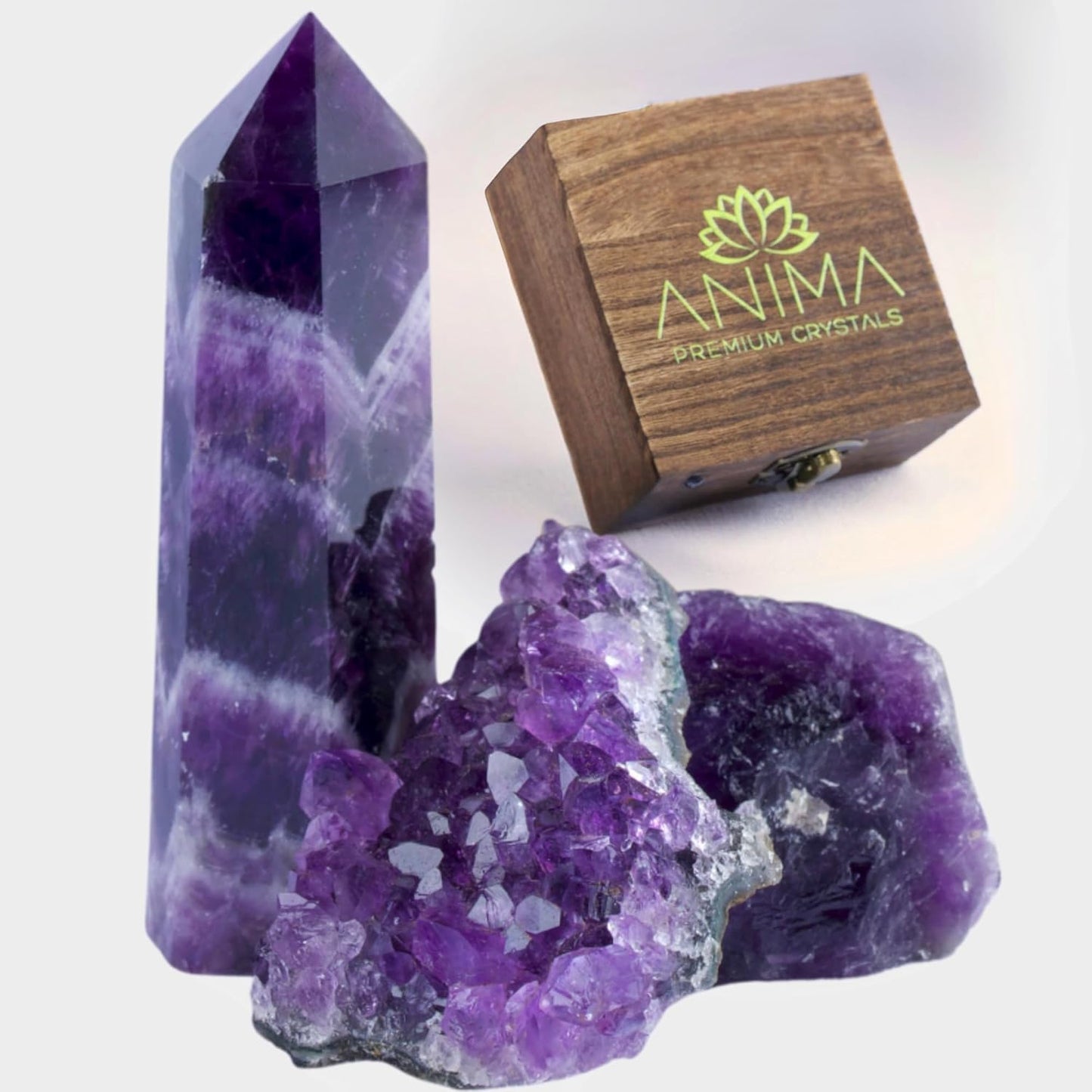 Premium Amethyst Crystal Set – Amethyst Crystal Tower, Cluster and Raw Crystal - Large Crystals and Healing Stones in Wooden Box - Ideal Spiritual Gifts for Women for Meditation, Peace and Sleep