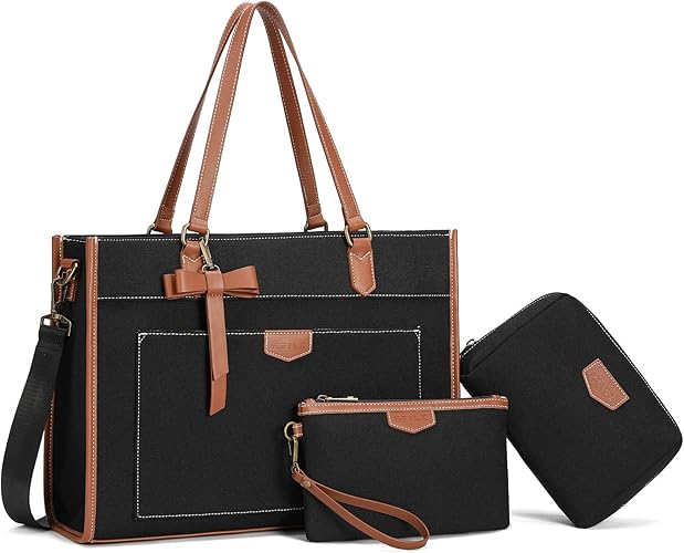 Keyli 3 PCS Laptop Bag for Women Canvas Tote Bags 15.6 inch Large Capacity Shoulder Handbag Lightweight Briefcase Purses