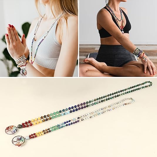 Bivei 108 Mala Beads Necklace Tree of Life 7 Chakra Wrap Bracelet Real Healing Gemstone Yoga Meditation Hand Knotted Mala Prayer Bead Necklace