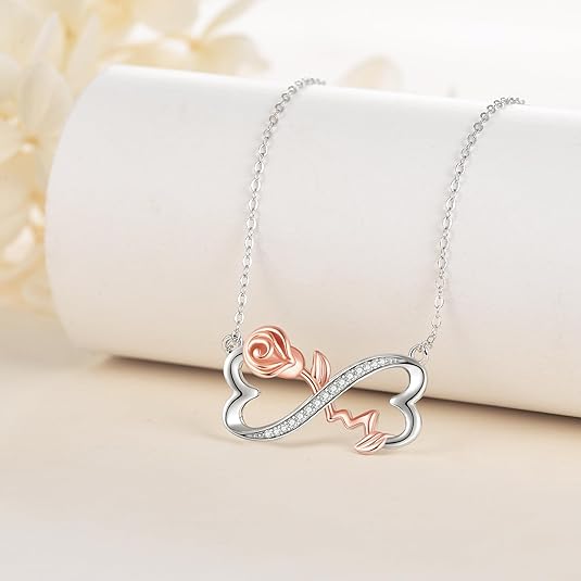 Infinity Necklace S925 Sterling Silver Infinity Rose Pendant Necklace Valentine's Jewelry Gifts for Women Girls