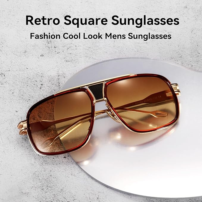 Dollger Sunglasses for Men Oversize Classic Black Shades Goggle Retro Gold Alloy Frame Sun Glasses