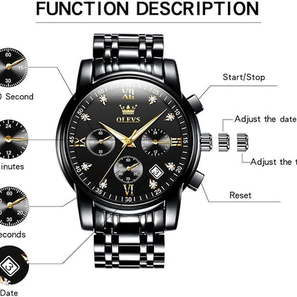 OLEVS Mens Watches Luxury Business Stainless Steel Chronograph Moon Phase Waterproof Date Analog Quartz Dress Watches for Men's ,Black/Dial