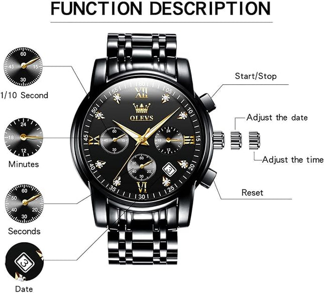OLEVS Mens Watches Luxury Business Stainless Steel Chronograph Moon Phase Waterproof Date Analog Quartz Dress Watches for Men's ,Black/Dial