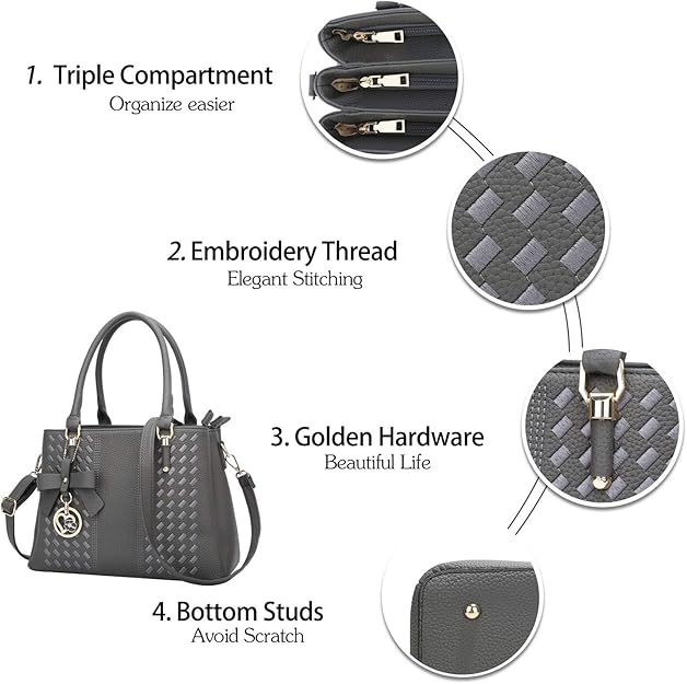 KKXIU Women Satchel Bags Handle Shoulder Handbags and Purses Pockets Zipper Leather Crossbody Bags