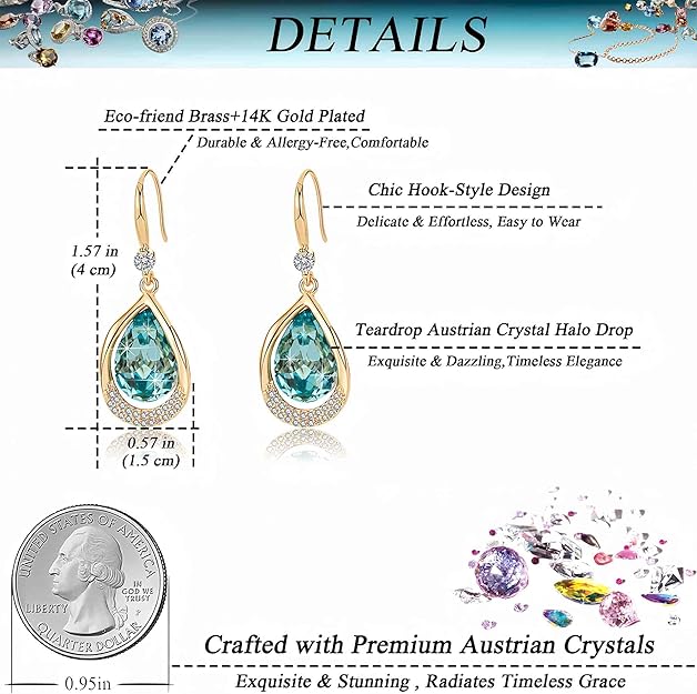 Austrian Crystal Halo Teardrop Hollow Drop Dangle Earrings for Women 14K Rose Gold Plated Hypoallergenic Jewelry Gifts for Women Girls