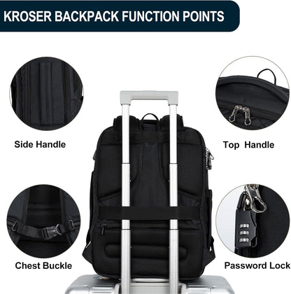 KROSER Laptop Backpack Large Computer Carry On Backpack Fits up to 17.3 Inch Laptop with USB Charging Port Water-Repellent Travel Backpack Casual Daypack for Business/College//Men-Quilted Black