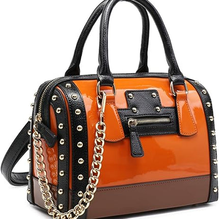 Dasein Barrel Bags for Women Shiny Patent Faux Leather Handbags Top Handle purse Rivet Decoration Satchel Bags Shoulder Bag