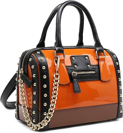 Dasein Barrel Bags for Women Shiny Patent Faux Leather Handbags Top Handle purse Rivet Decoration Satchel Bags Shoulder Bag