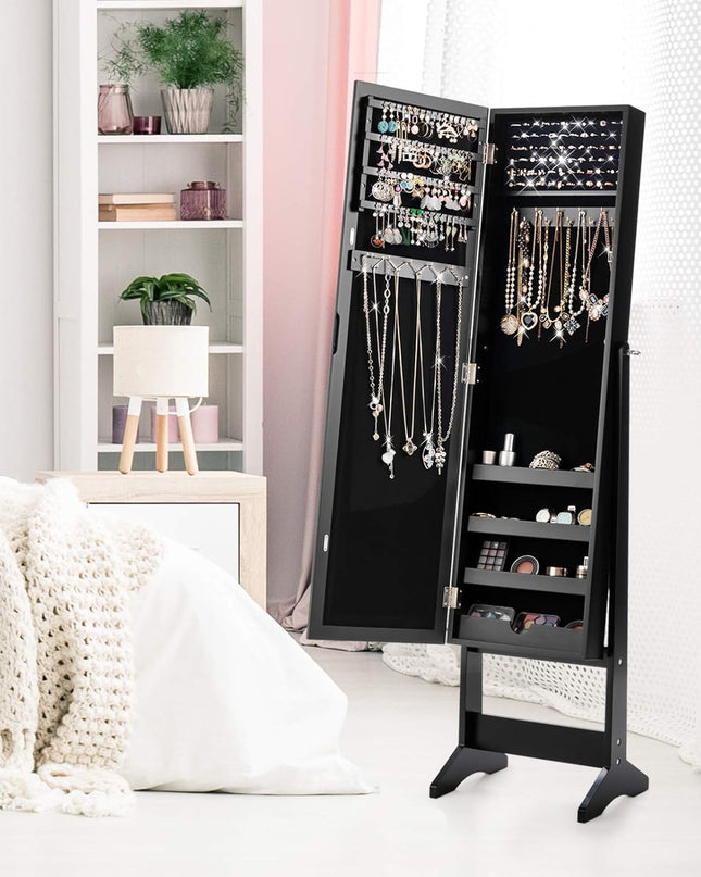 Giantex Jewelry Cabinet with Full-Length Mirror, Standing Jewelry Armoire Organizer with 64 Earring Slots, 72 Ring Slots, 20 Necklace Hooks, 4 Storage Shelves, 3 Angle Adjustable (Black)