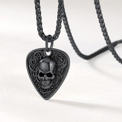 Men Punk Rock Necklaces, Cool Guitar Pick Skull, Stainless Steel