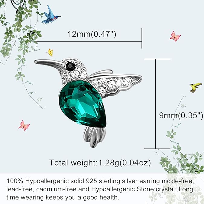 Jewever 925 Sterling Silver Hummingbird Ear Studs Blue Cubic Zirconia Earrings for Women Jewelry Gift Silvery