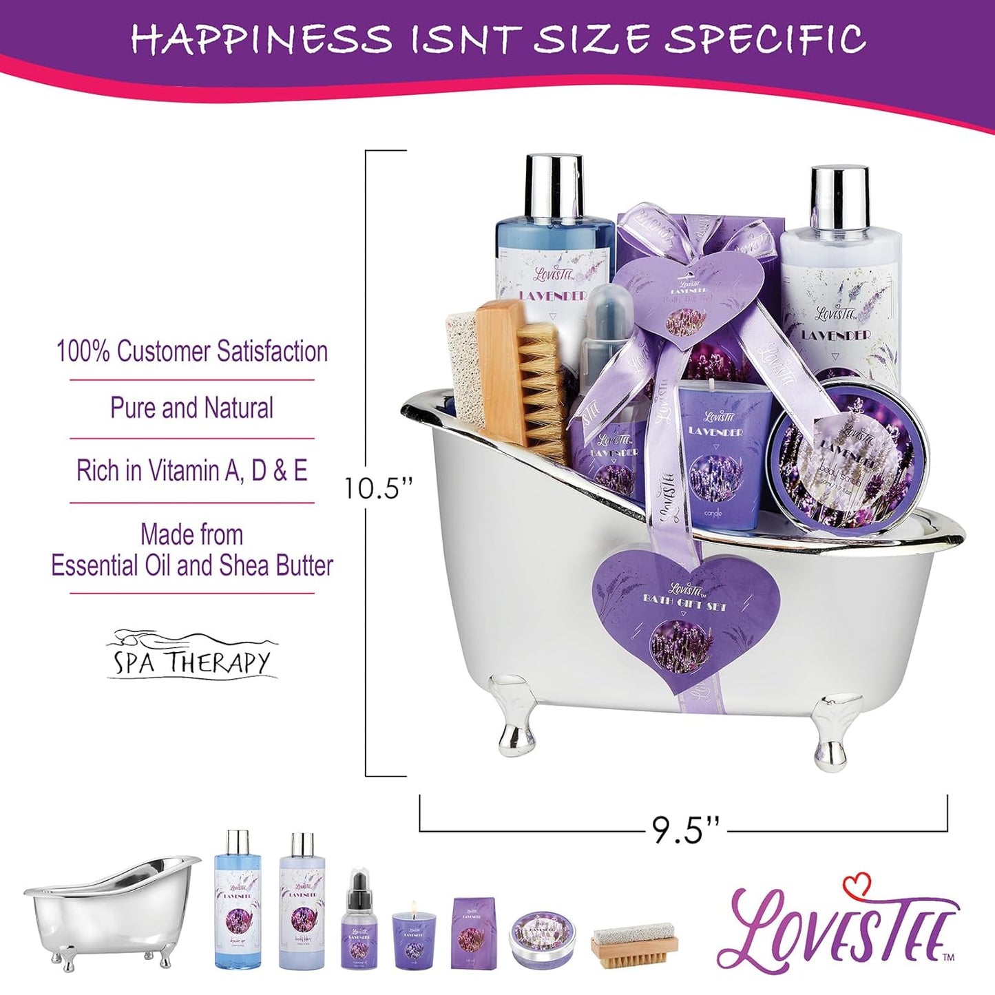 Relaxing Lavender Spa Bath Gift Baskets for Women-Girls, Christmas, Birthday, Bath and Body Set-Kit Includes Candle, Essential Oil, Body Scrub, Bath Salt, Body Lotion, Shower Gel and Body Scrub Brush